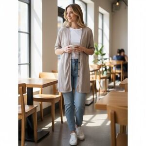 J Jill sz XL linen blend beige short sleeve button down cardigan sweater H